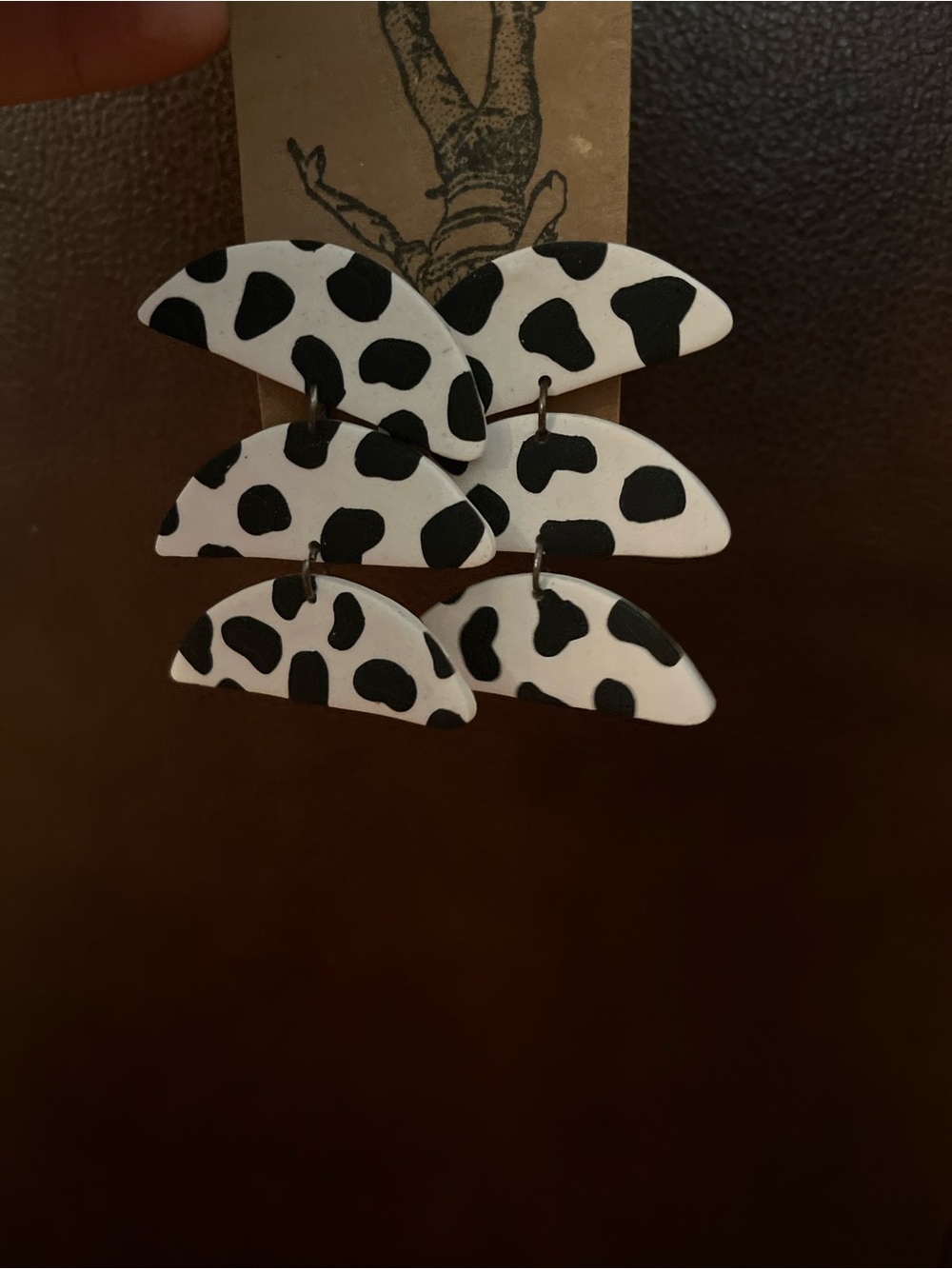 Handmade Black & White Cow Print Dangle Earrings polymerc clay